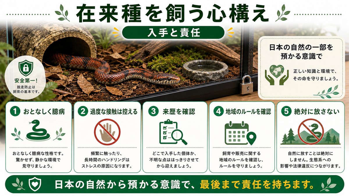 気性と在来種を飼う心構え|入手と責任の要点をまとめたカメレオン・爬虫類飼育インフォグラフィック