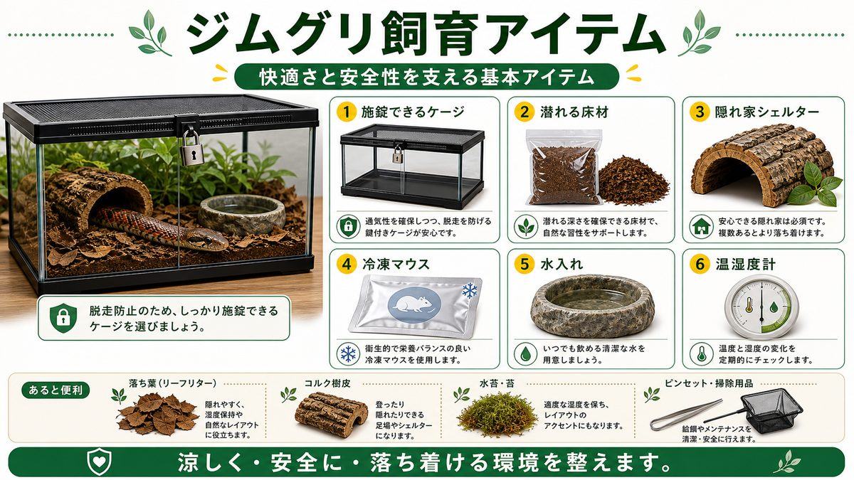 ジムグリ飼育におすすめのアイテムの要点をまとめたカメレオン・爬虫類飼育インフォグラフィック