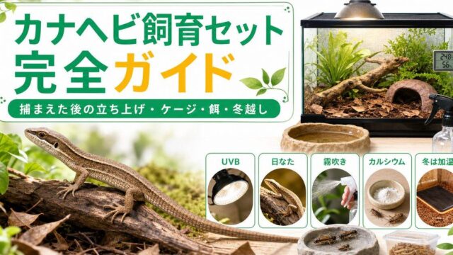 カナヘビの飼育に必要なもの完全ガイド！捕まえた後の飼い方・ケージ・餌・冬越しの要点を伝えるカメレオン・爬虫類記事アイキャッチ画像