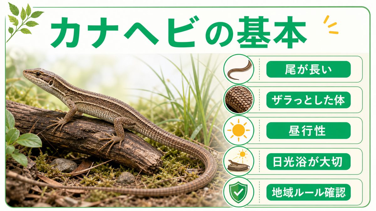 カナヘビとはどんなトカゲ？飼う前に知っておきたい基本の要点をまとめたカメレオン・爬虫類飼育インフォグラフィック