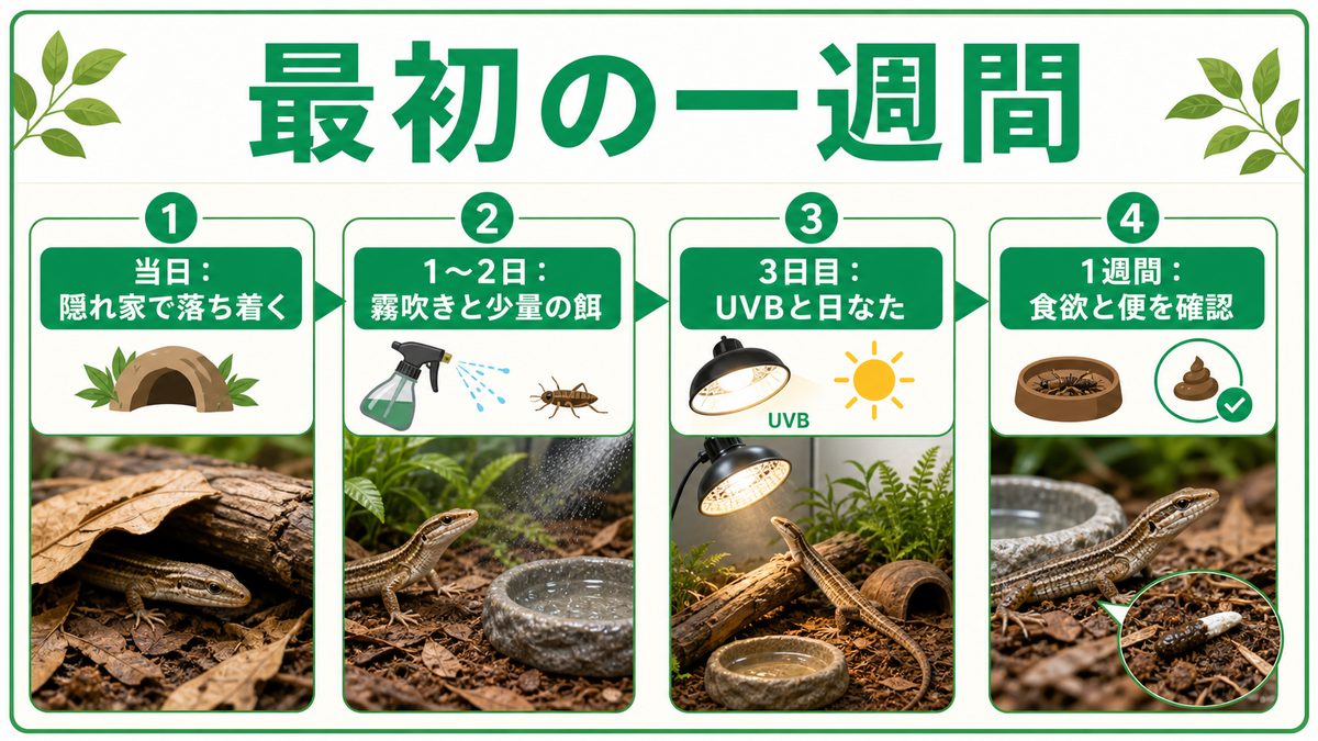 捕まえた後の最初の一週間でやること【立ち上げ手順】の要点をまとめたカメレオン・爬虫類飼育インフォグラフィック