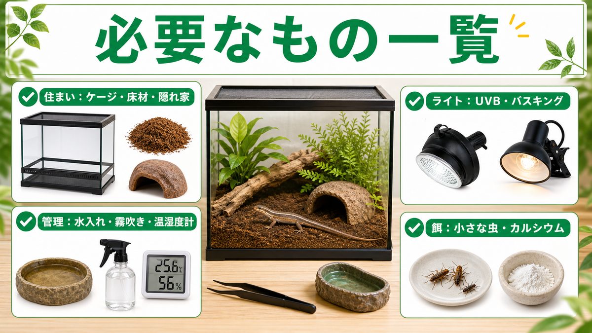 カナヘビの飼育に必要なもの一覧【まずはこれを揃える】の要点をまとめたカメレオン・爬虫類飼育インフォグラフィック