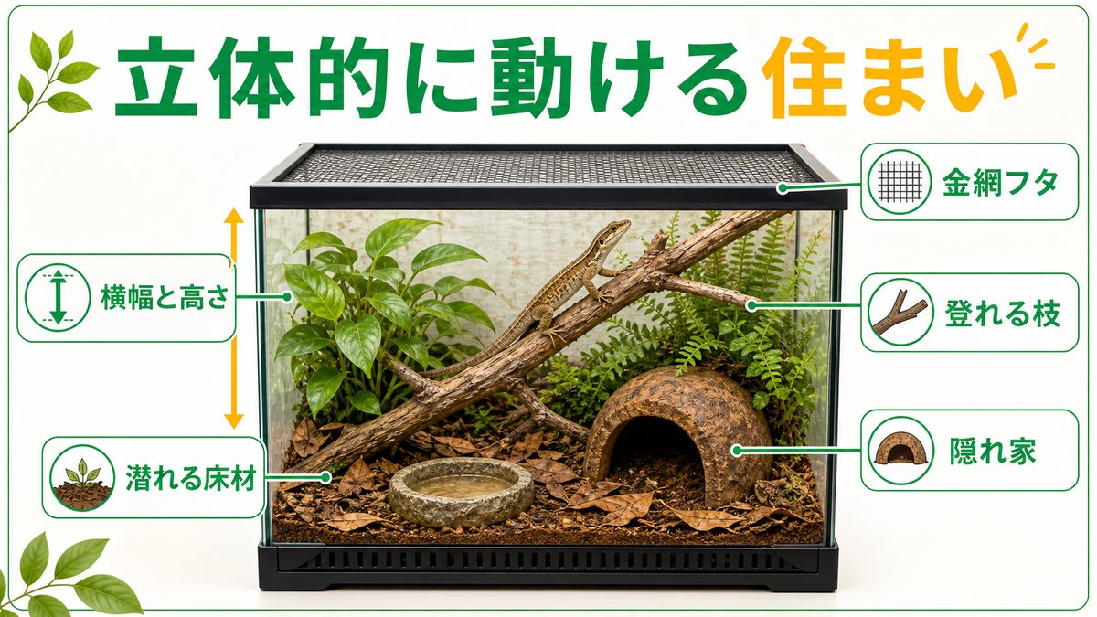 ① ケージ・床材・レイアウト｜立体的に動ける住まいをの要点をまとめたカメレオン・爬虫類飼育インフォグラフィック