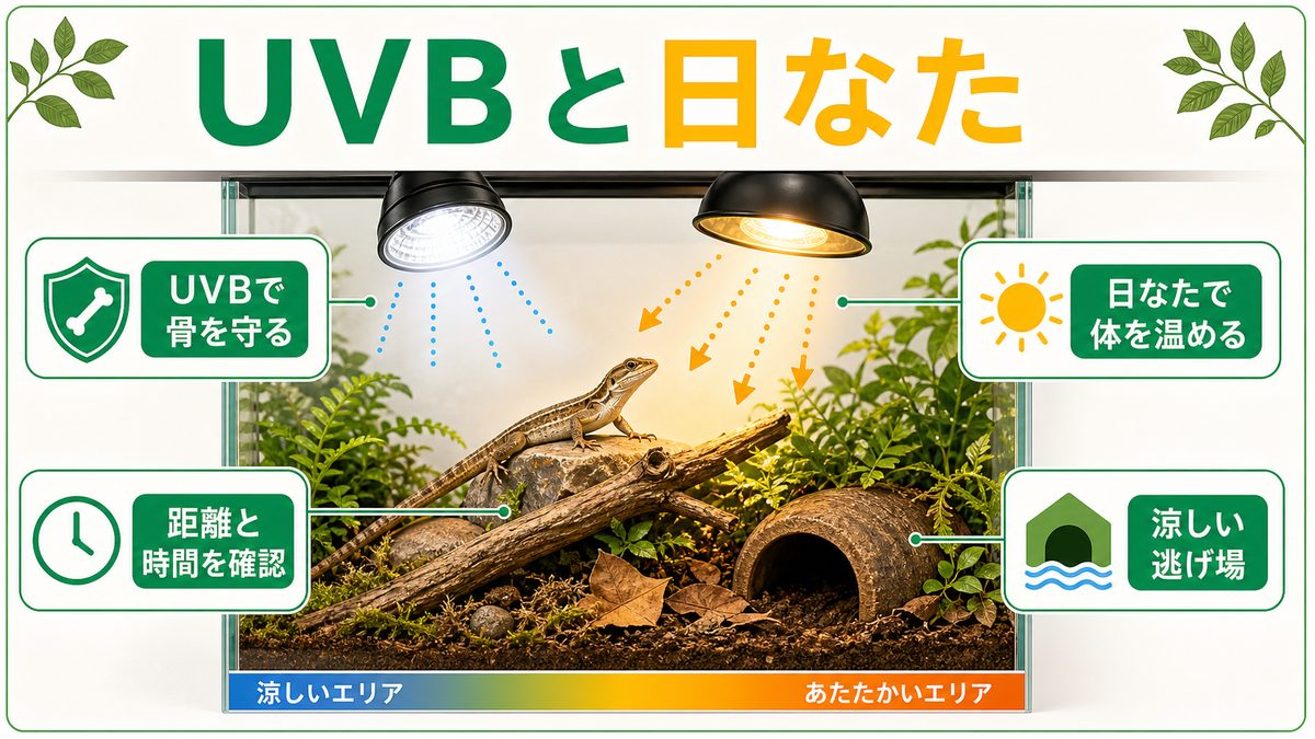 ② UVBライトとバスキングライト｜昼行性だから絶対に外せないの要点をまとめたカメレオン・爬虫類飼育インフォグラフィック