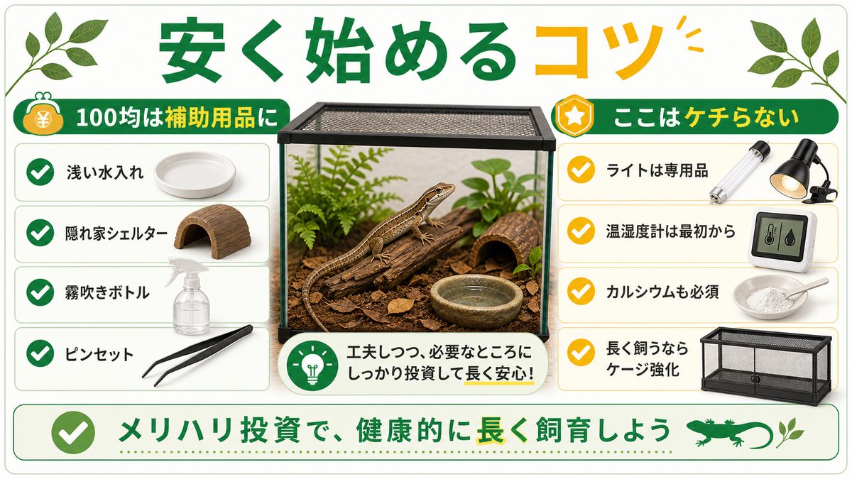 安く始めたい人へ｜現実的なセット構成と節約のコツの要点をまとめたカメレオン・爬虫類飼育インフォグラフィック