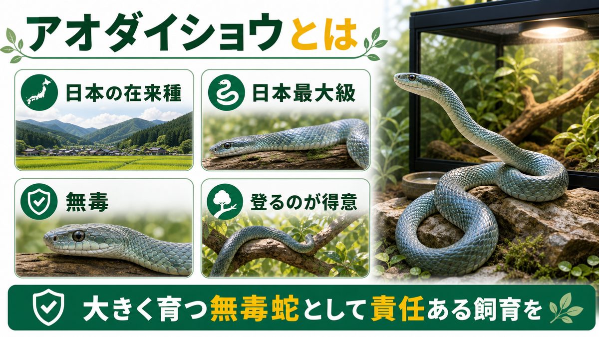 アオダイショウとは|日本最大級の在来無毒蛇の要点をまとめたカメレオン・爬虫類飼育インフォグラフィック