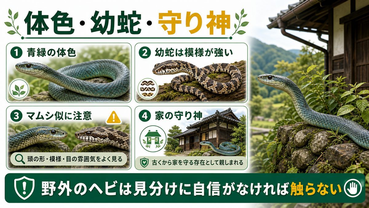 青緑の体色・幼蛇の模様・「家の守り神」の要点をまとめたカメレオン・爬虫類飼育インフォグラフィック