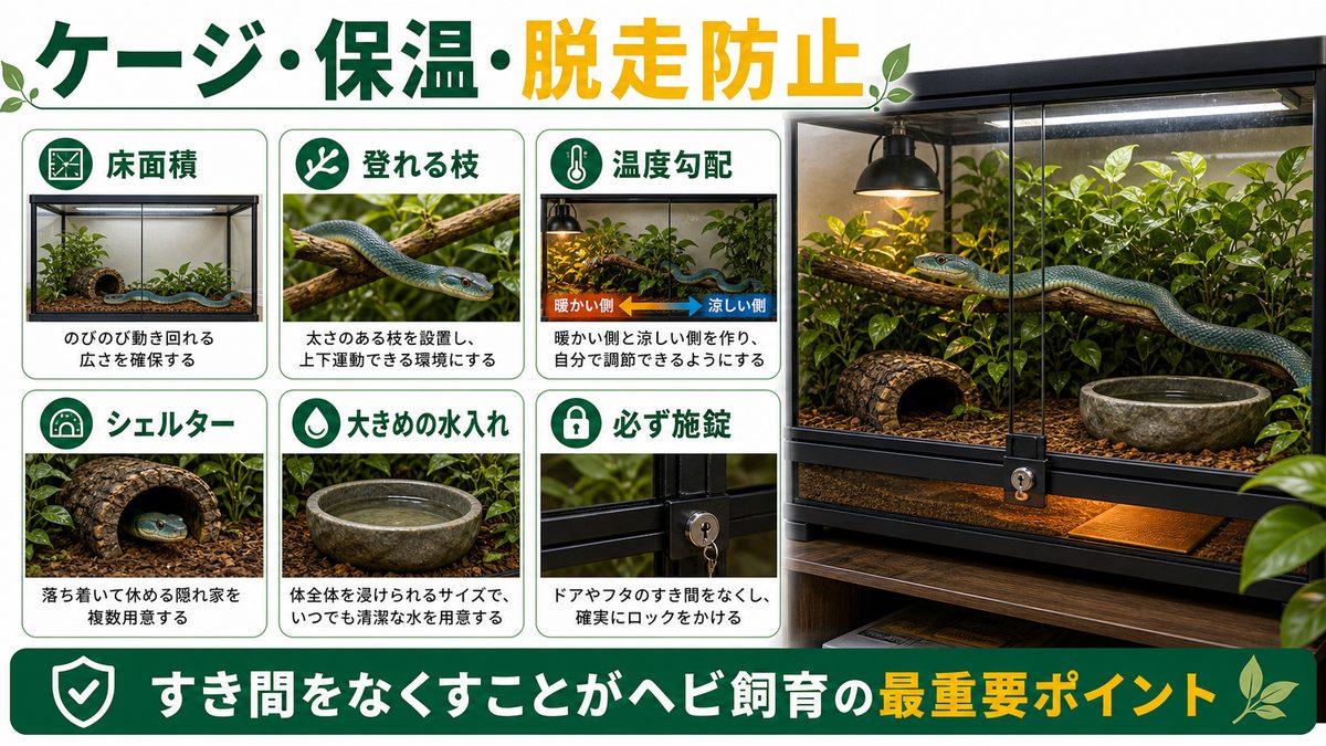 飼育環境|ケージ・保温・脱走防止の要点をまとめたカメレオン・爬虫類飼育インフォグラフィック