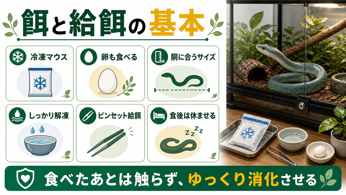 餌(ネズミ・卵)と給餌の基本の要点をまとめたカメレオン・爬虫類飼育インフォグラフィック
