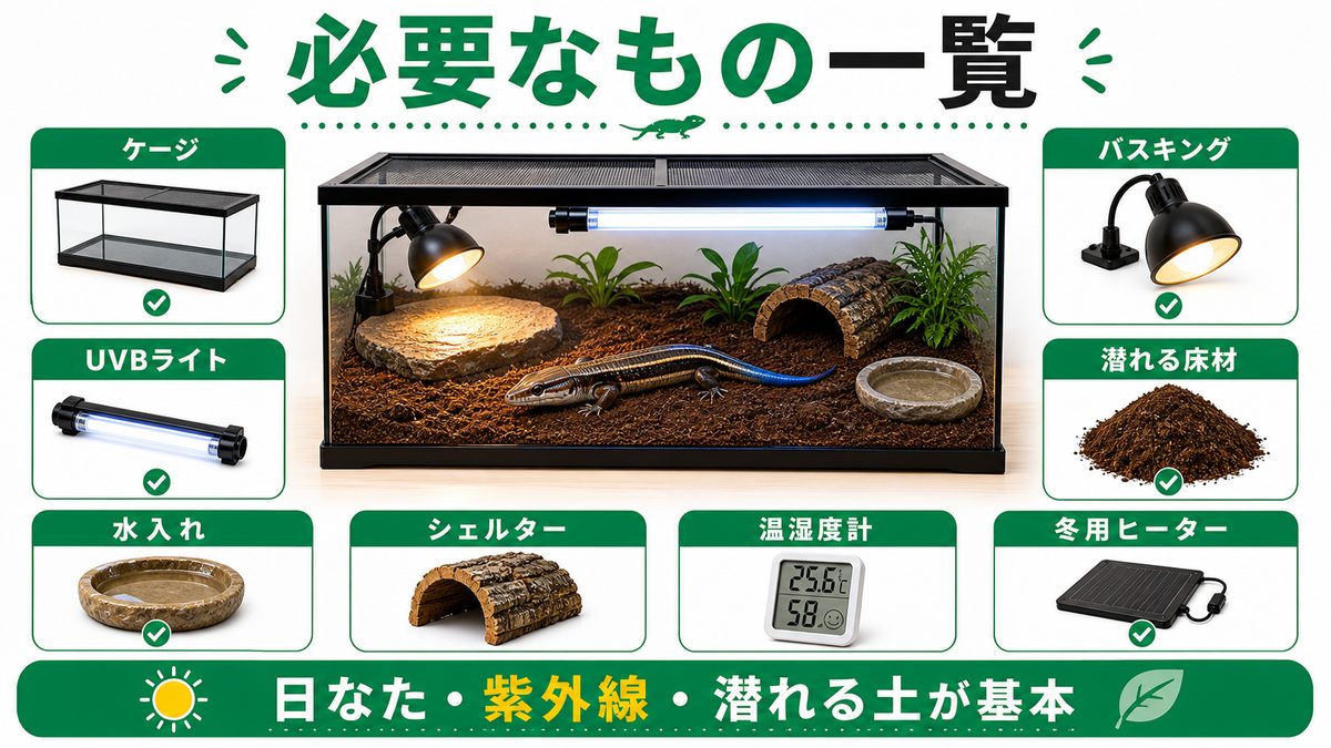ニホントカゲの飼育に必要なもの一覧(まず全体像)の要点をまとめたカメレオン・爬虫類飼育インフォグラフィック