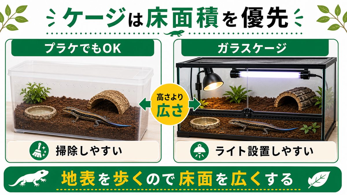 ケージ(飼育容器)の選び方|プラケでもOKの要点をまとめたカメレオン・爬虫類飼育インフォグラフィック