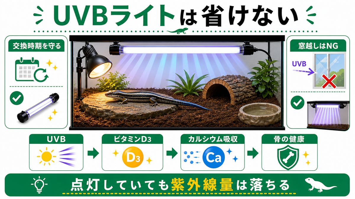 UVBライト|骨を守る紫外線、ここは絶対に省けませんの要点をまとめたカメレオン・爬虫類飼育インフォグラフィック