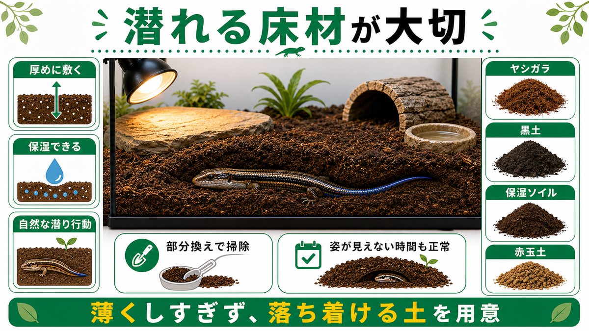 床材|地表性ニホントカゲは「潜れる厚さ」が命の要点をまとめたカメレオン・爬虫類飼育インフォグラフィック