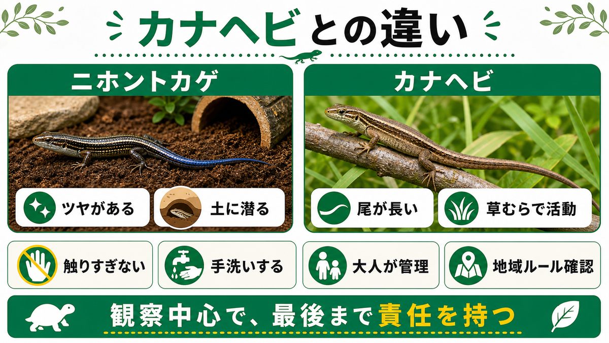 カナヘビとの違い・子供が飼うときの注意点の要点をまとめたカメレオン・爬虫類飼育インフォグラフィック