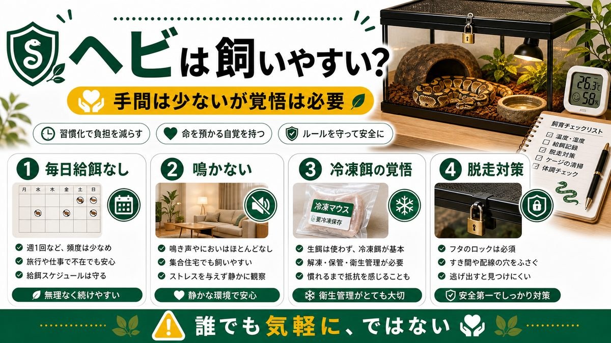 ヘビは飼いやすいって本当?結論からの要点をまとめたカメレオン・爬虫類飼育インフォグラフィック