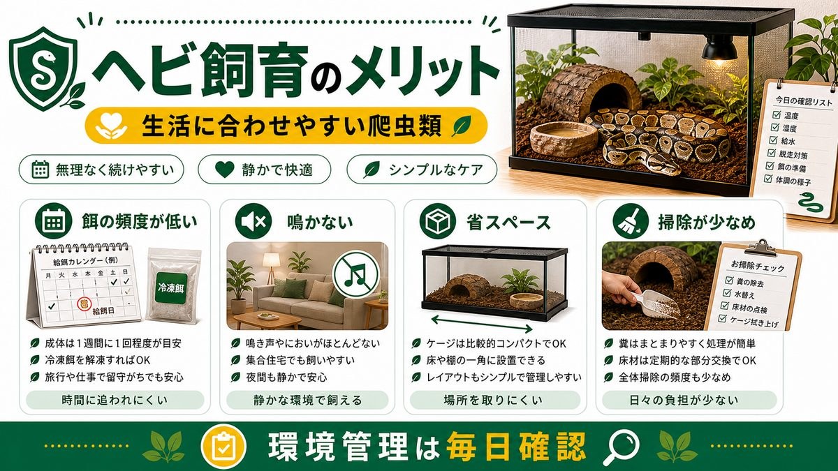 ヘビ飼育のメリットの要点をまとめたカメレオン・爬虫類飼育インフォグラフィック