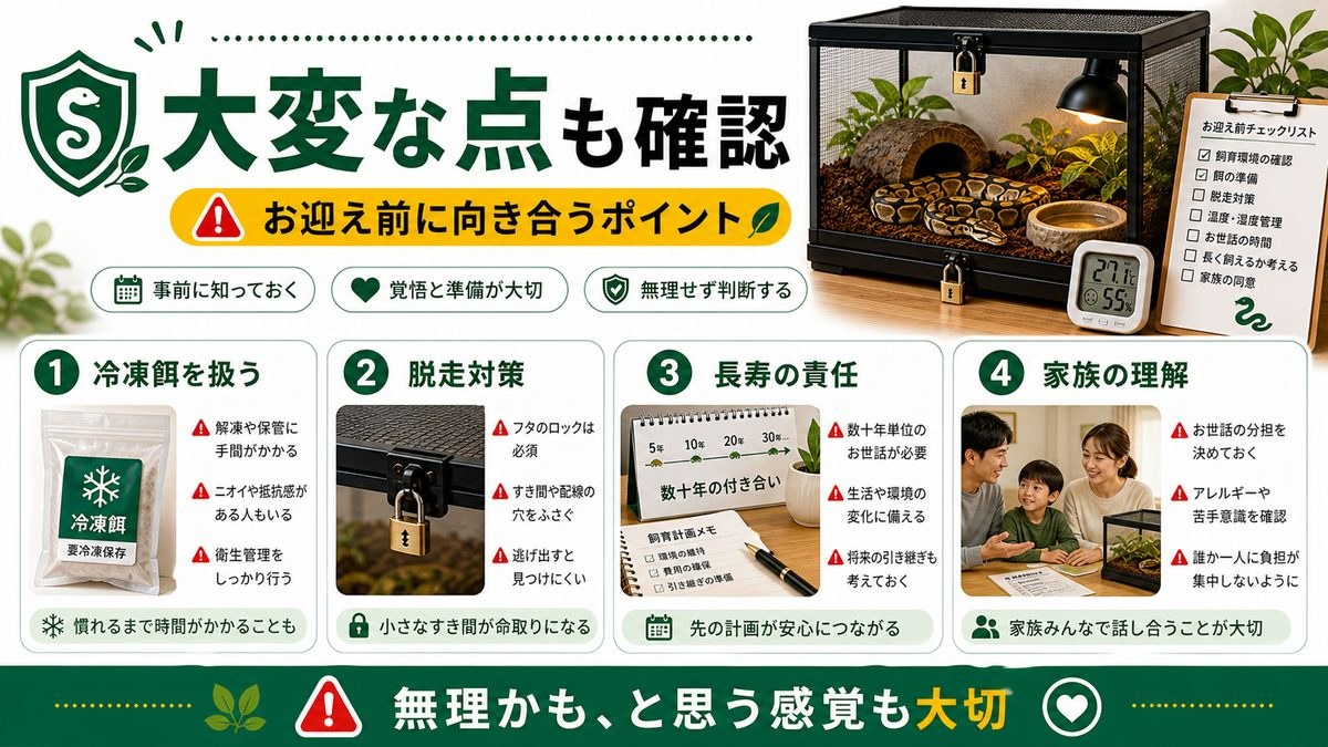 ヘビ飼育のデメリット・大変な点の要点をまとめたカメレオン・爬虫類飼育インフォグラフィック