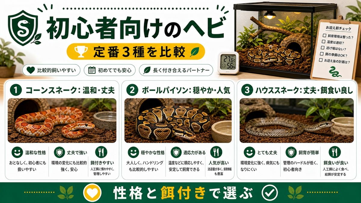 初心者向けの飼いやすいヘビの種類の要点をまとめたカメレオン・爬虫類飼育インフォグラフィック