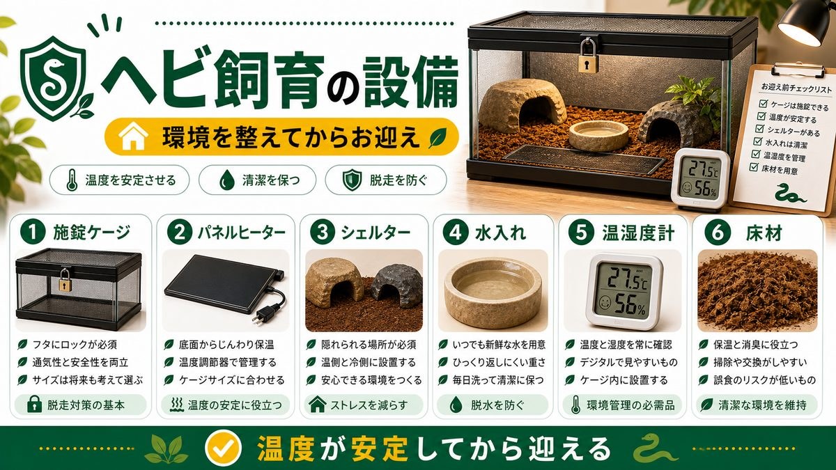 ヘビ飼育に必要な設備と始め方の要点をまとめたカメレオン・爬虫類飼育インフォグラフィック