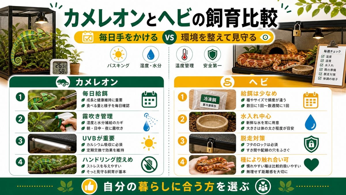 カメレオン(ぺぺ君)との違い・飼育比較の要点をまとめたカメレオン・爬虫類飼育インフォグラフィック