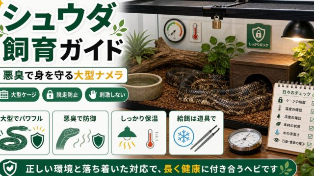 シュウダ（Elaphe carinata）飼育完全ガイド｜悪臭で身を守る大型ナメラの特徴・飼育・気性を徹底解説の要点を伝えるカメレオン・爬虫類記事アイキャッチ画像