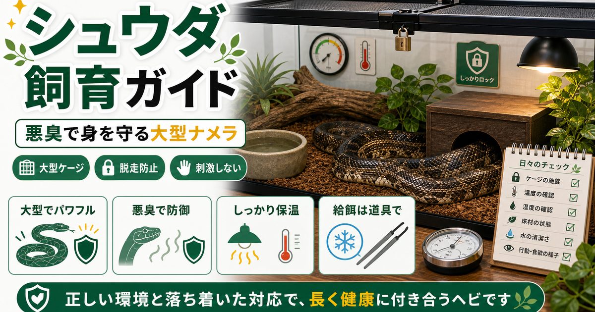 シュウダ（Elaphe carinata）飼育完全ガイド｜悪臭で身を守る大型ナメラの特徴・飼育・気性を徹底解説の要点を伝えるカメレオン・爬虫類記事アイキャッチ画像