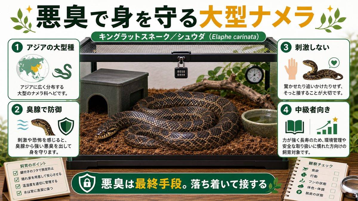 シュウダ(Elaphe carinata)とは|悪臭で身を守る大型ナメラの要点をまとめたカメレオン・爬虫類飼育インフォグラフィック