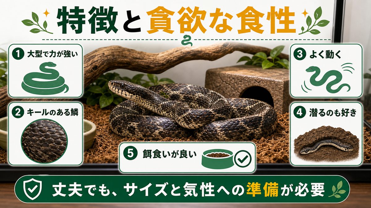 シュウダの特徴・大きさ・貪欲すぎる食性の要点をまとめたカメレオン・爬虫類飼育インフォグラフィック