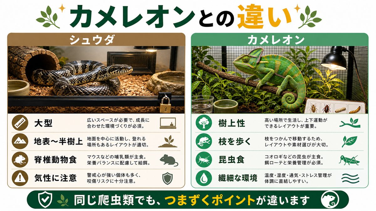 カメレオン(ぺぺ君)とシュウダの決定的な違いの要点をまとめたカメレオン・爬虫類飼育インフォグラフィック
