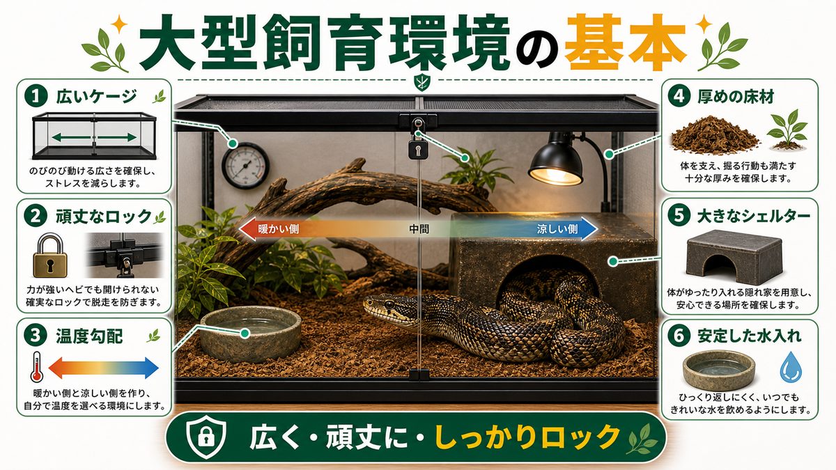 シュウダの大型飼育環境|頑丈・広い・しっかり保温の要点をまとめたカメレオン・爬虫類飼育インフォグラフィック