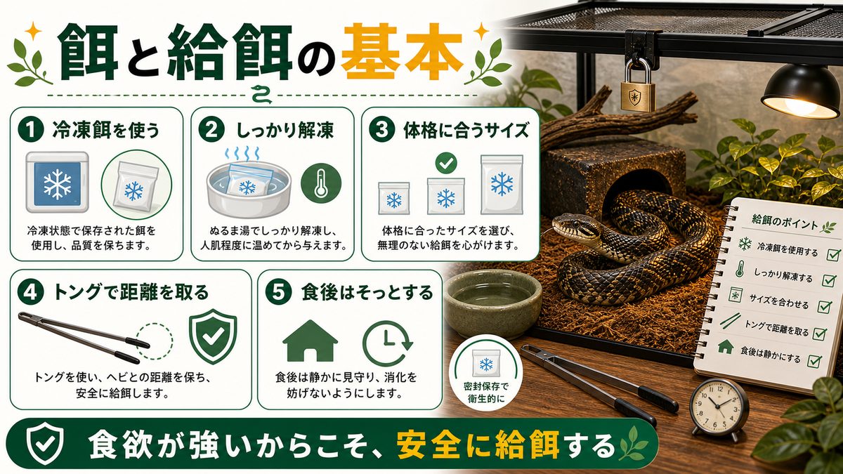 シュウダの餌と給餌|冷凍マウス・ラットが主役の要点をまとめたカメレオン・爬虫類飼育インフォグラフィック