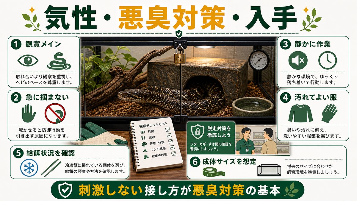 シュウダの気性・悪臭対策・入手方法の要点をまとめたカメレオン・爬虫類飼育インフォグラフィック