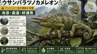 ウサンバラツノカメレオン（Kinyongia multituberculata）飼育完全ガイド｜"フィッシャーカメレオン"の正体・西ウサンバラ産ブレードホーンの特徴と飼育を徹底解説の要点を伝えるカメレオン・爬虫類記事アイキャッチ画像