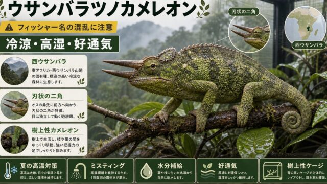 ウサンバラツノカメレオン（Kinyongia multituberculata）飼育完全ガイド｜"フィッシャーカメレオン"の正体・西ウサンバラ産ブレードホーンの特徴と飼育を徹底解説の要点を伝えるカメレオン・爬虫類記事アイキャッチ画像