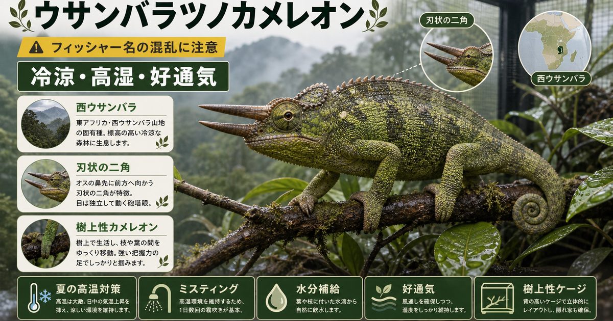 ウサンバラツノカメレオン（Kinyongia multituberculata）飼育完全ガイド｜"フィッシャーカメレオン"の正体・西ウサンバラ産ブレードホーンの特徴と飼育を徹底解説の要点を伝えるカメレオン・爬虫類記事アイキャッチ画像