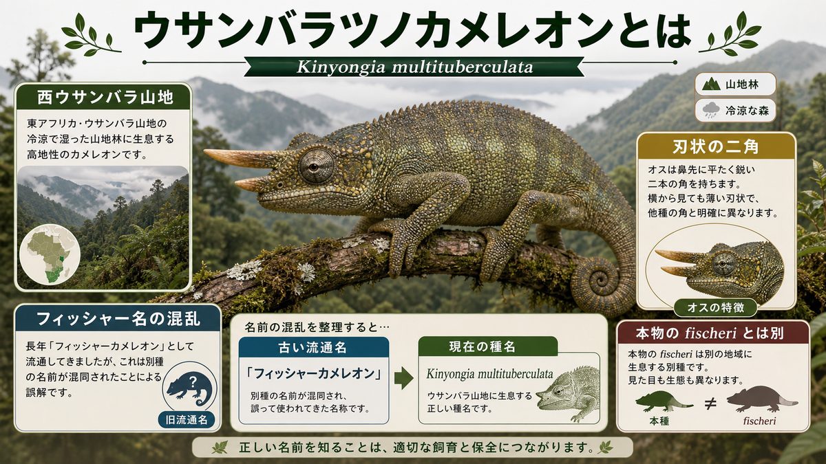ウサンバラツノカメレオンとは（フィッシャーの正体・基本情報）の要点をまとめたカメレオン・爬虫類飼育インフォグラフィック