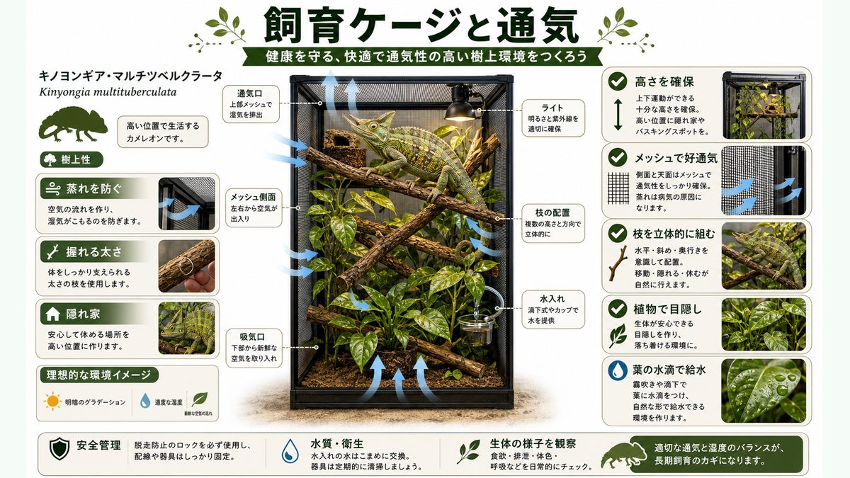 飼育ケージと通気の要点をまとめたカメレオン・爬虫類飼育インフォグラフィック