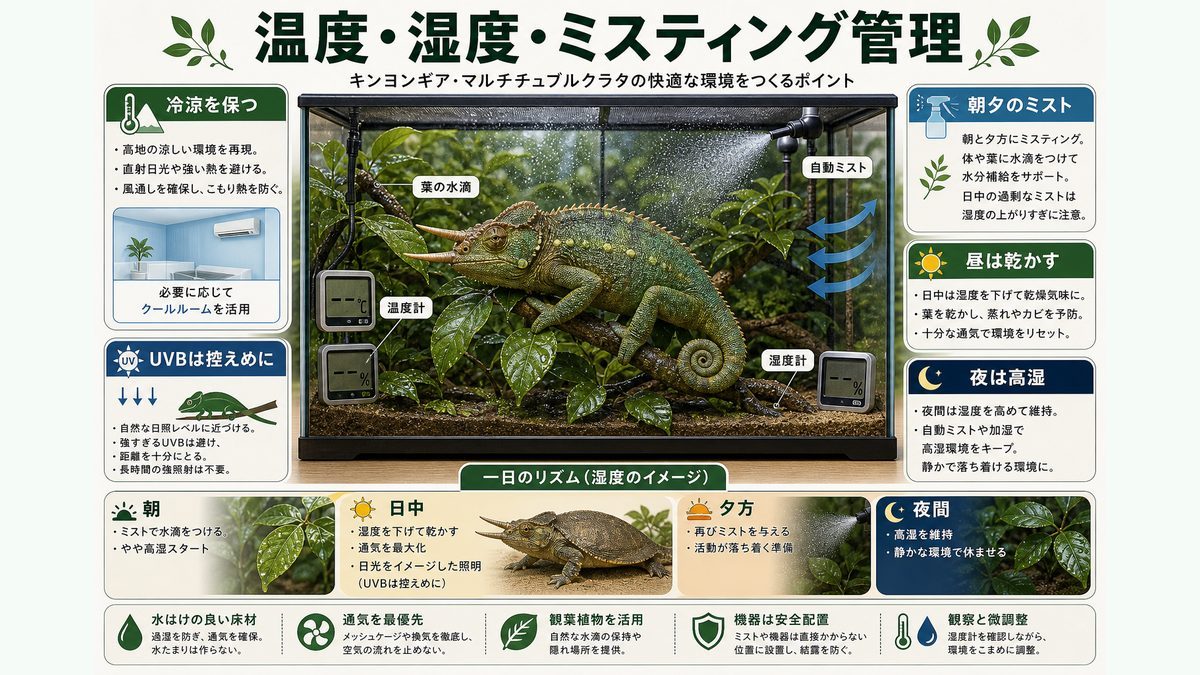 温度・湿度・ミスティング管理の要点をまとめたカメレオン・爬虫類飼育インフォグラフィック