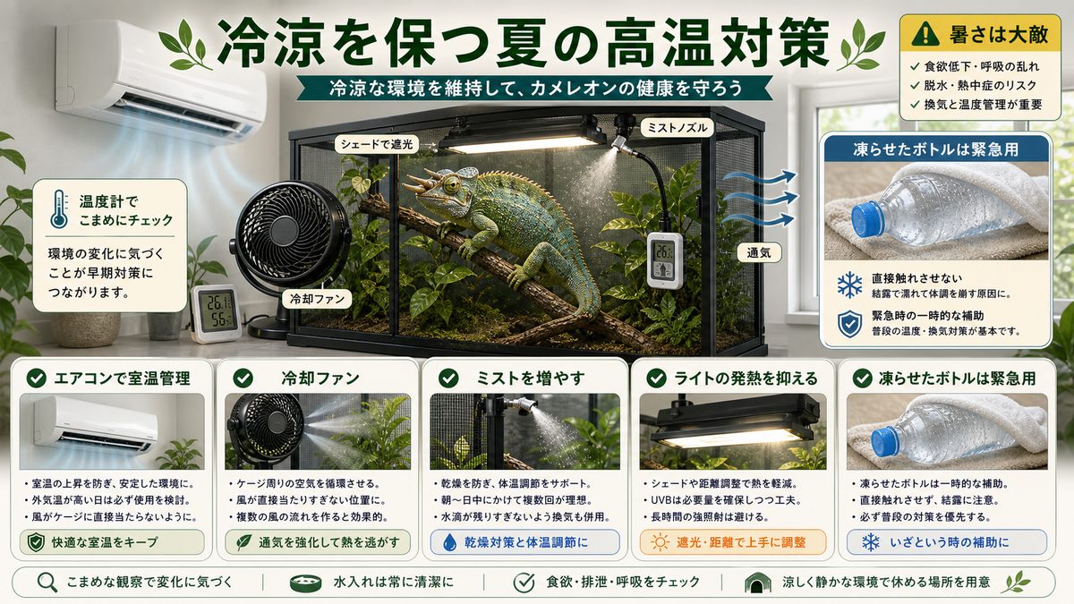 冷涼を保つ夏の高温対策の要点をまとめたカメレオン・爬虫類飼育インフォグラフィック
