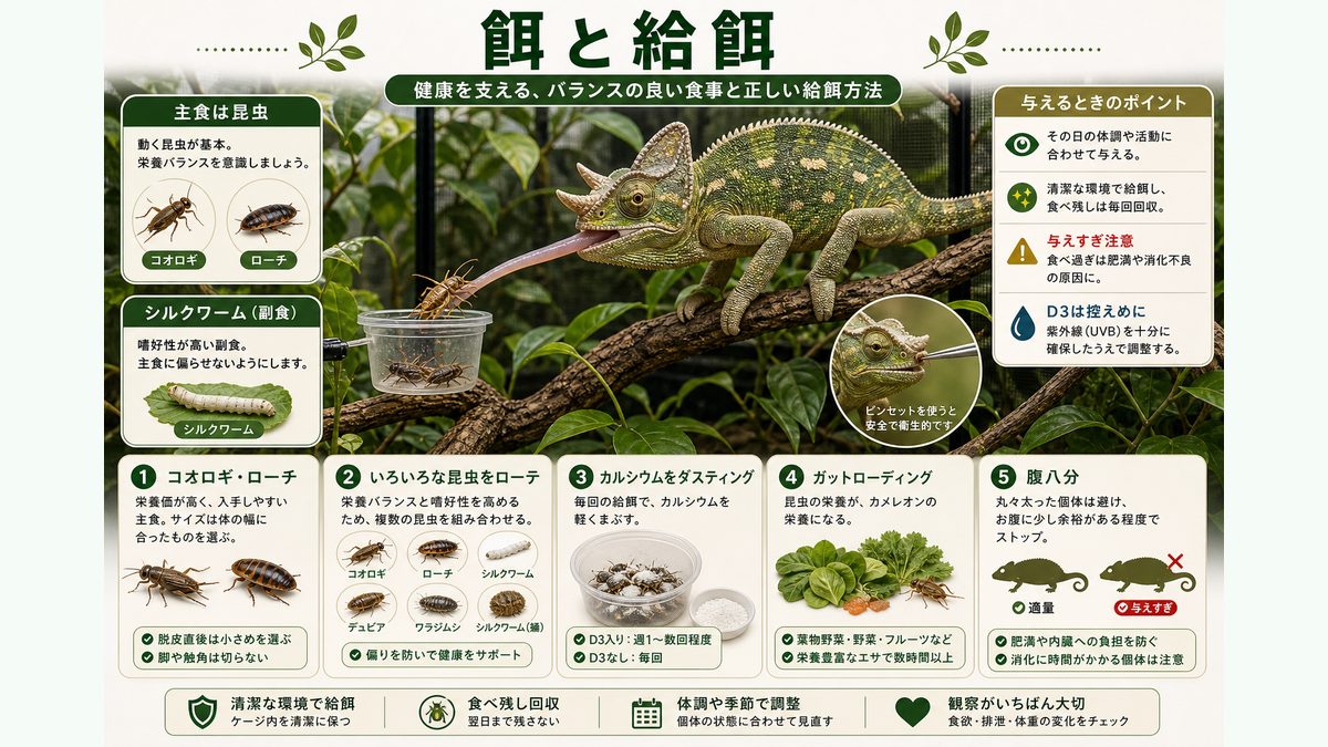 餌と給餌の要点をまとめたカメレオン・爬虫類飼育インフォグラフィック