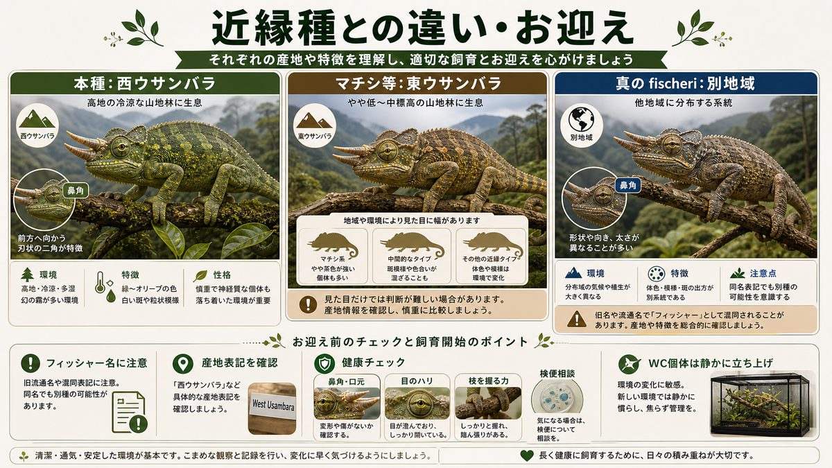 マチシ等の近縁種との違い・お迎えの要点をまとめたカメレオン・爬虫類飼育インフォグラフィック