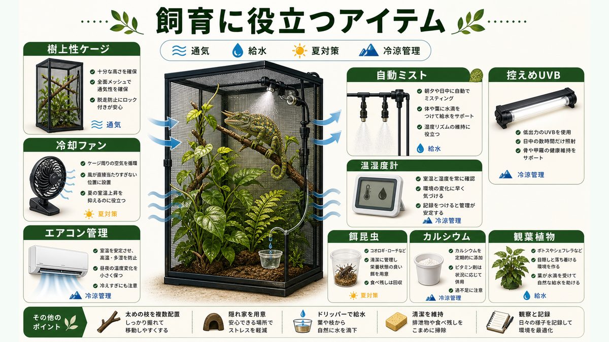 Amazonおすすめアイテムの要点をまとめたカメレオン・爬虫類飼育インフォグラフィック