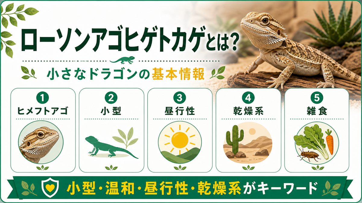 ローソンアゴヒゲトカゲとは？小さなドラゴンの基本情報の要点をまとめたカメレオン・爬虫類飼育インフォグラフィック
