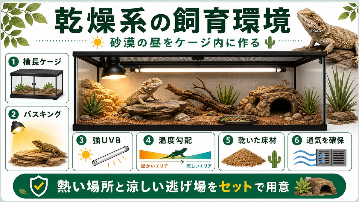 乾燥系の飼育環境｜ケージ・温度・UVB・バスキングの要点をまとめたカメレオン・爬虫類飼育インフォグラフィック