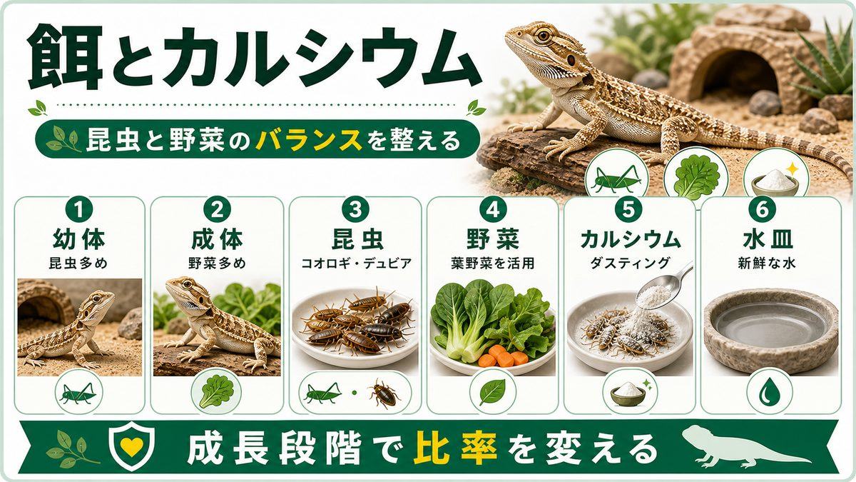 餌（雑食）とカルシウム｜昆虫と野菜のバランスの要点をまとめたカメレオン・爬虫類飼育インフォグラフィック