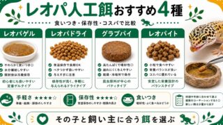 レオパの人工餌おすすめ4種を徹底比較！食いつき・コスパと食べない時の切り替え術の要点を伝えるカメレオン・爬虫類記事アイキャッチ画像