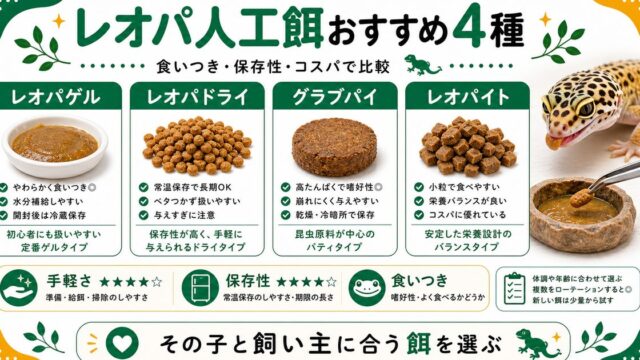 レオパの人工餌おすすめ4種を徹底比較！食いつき・コスパと食べない時の切り替え術の要点を伝えるカメレオン・爬虫類記事アイキャッチ画像