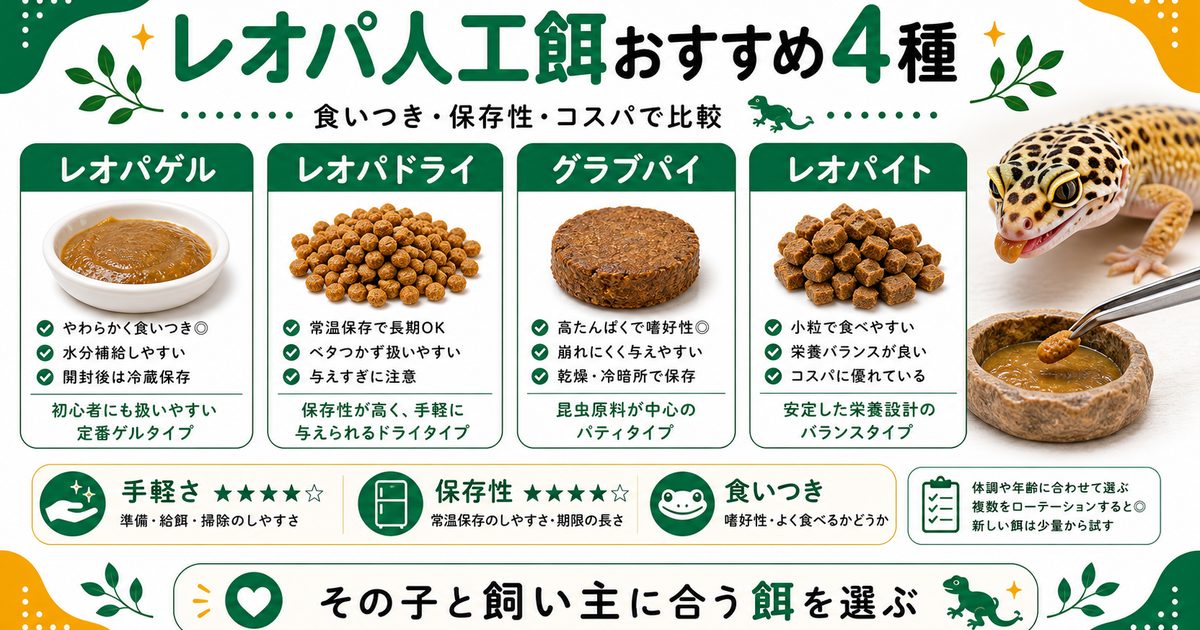 レオパの人工餌おすすめ4種を徹底比較！食いつき・コスパと食べない時の切り替え術の要点を伝えるカメレオン・爬虫類記事アイキャッチ画像