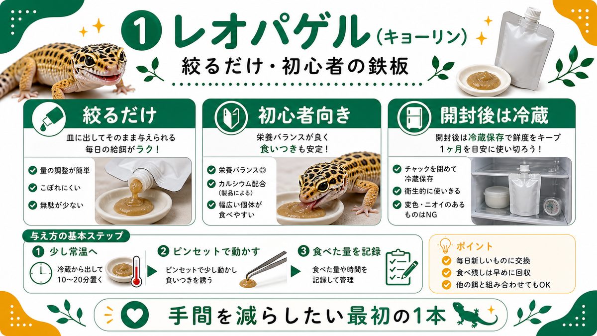 ① レオパゲル（キョーリン）｜絞るだけ・初心者の鉄板の要点をまとめたカメレオン・爬虫類飼育インフォグラフィック