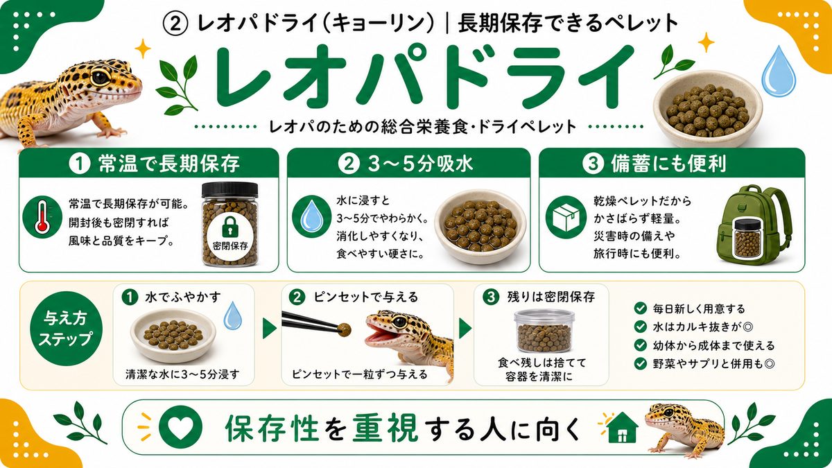 ② レオパドライ（キョーリン）｜長期保存できるペレットの要点をまとめたカメレオン・爬虫類飼育インフォグラフィック